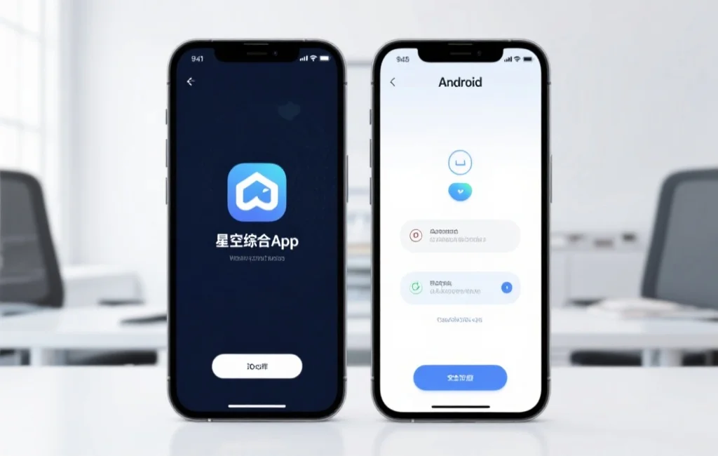 两部手机分别展示Android和iOS界面,屏幕上显示星空综合app的安装与安全设置步骤,背景为简洁的办公桌面