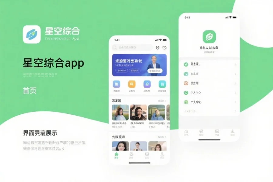 星空综合app的用户界面截图展示,包括首页、发现和个人中心栏目,界面明亮清晰